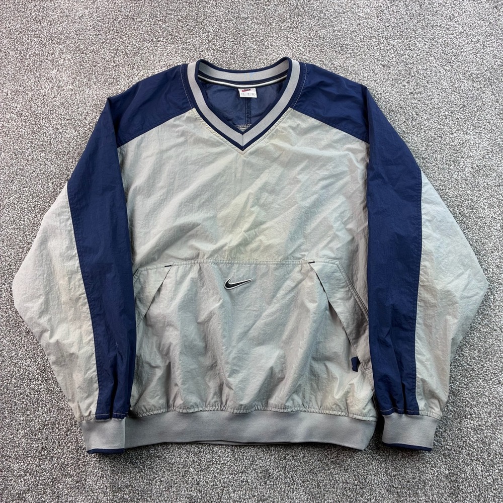 Vintage Nike Windbreaker Pullover Mens L Gray Blue Nylon V-Neck Swoosh Jacket